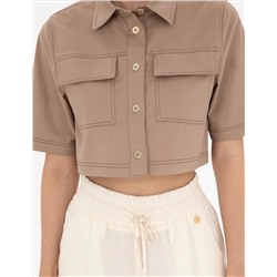 Bej Crop Top Kısa Kollu Gömlek