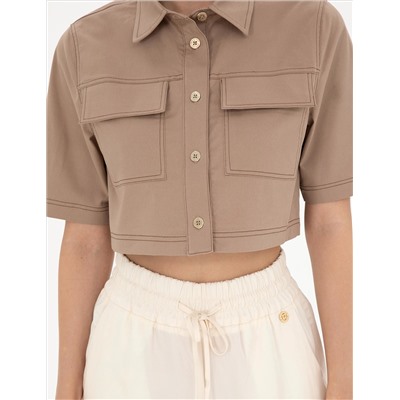 Bej Crop Top Kısa Kollu Gömlek