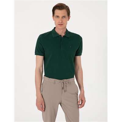 Koyu Yeşil Slim Fit %100 Pamuk Polo Yaka Basic Tişört