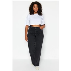 Trendyol Curve Siyah Yüksek Bel Beli Püsküllü Wide Leg Jeans TBBSS23CJ00022