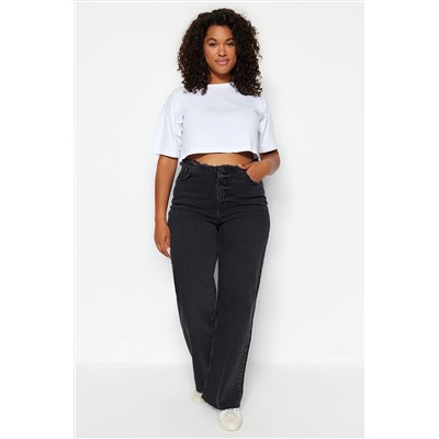Trendyol Curve Siyah Yüksek Bel Beli Püsküllü Wide Leg Jeans TBBSS23CJ00022