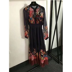 платье в стиле ретро с цветочным принтом и эластичной резинкой на талии с длинными рукавами, длинная юбка, синяя, S-XL, [размер S; ширина плеч 36, обхват груди 90, резинка по талии 56, длина рукава 57, длина 132]