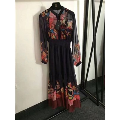 платье в стиле ретро с цветочным принтом и эластичной резинкой на талии с длинными рукавами, длинная юбка, синяя, S-XL, [размер S; ширина плеч 36, обхват груди 90, резинка по талии 56, длина рукава 57, длина 132]