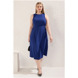 Trendyol Curve Lacivert Belde Ayarlanabilir Aksesuarlı Midi Boy Dokuma Büyük Beden Elbise TBBSS25AH00100