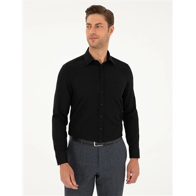 Siyah Slim Fit Armürlü Uzun Kollu Gömlek