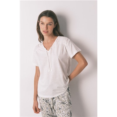 Camiseta manga corta algodón frunce blanco