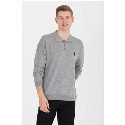 Erkek Gri Melanj Polo Yaka Triko Kazak