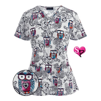 Cherokee Scrubs Look Hoo's Talking V-Neck Print Top