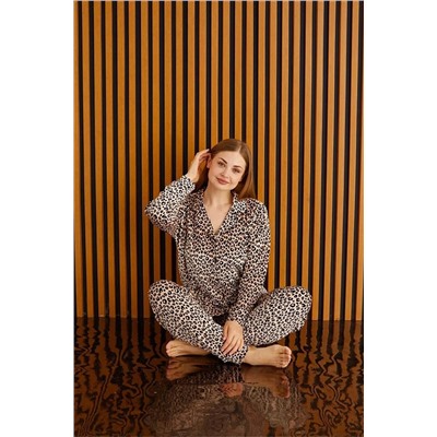 Meba Kadın Büyük Beden Önden Düğmeli Fransız Kadife Leopar Pijama Takımı -1 PJMN-7150