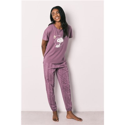 Pijama largo manga corta morado algodón Snoopy