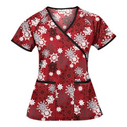 UA Festive Snowflakes Red Mock Wrap Scrub Top