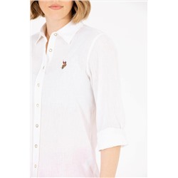 Kadın Beyaz Keten Görünümlü Basic Uzun Kollu Gömlek