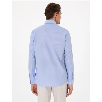 Açık Mavi Slim Fit Çizgili Uzun Kollu Gömlek