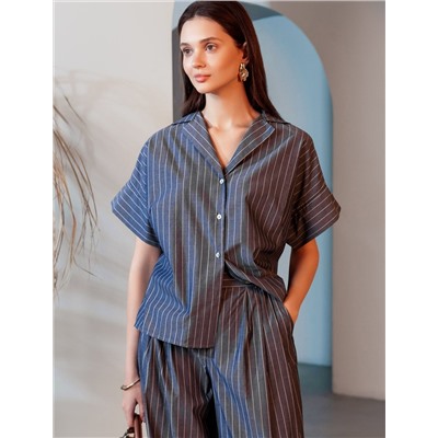 Блузка в полоску с цельнокроеным коротким рукавом из легкого хлопкового поплина