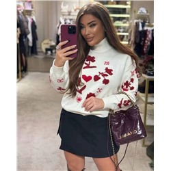 Chane * новая высокая версия из смесовой шерсти с жаккардовым узором Love Flower, теплая полуводолазка, пуловер с длинными рукавами, свитер-нижний свитер, белый, красный, 36, 38, 40, [размер 38; ширина плеч 41, обхват груди 94, длина рукава 57, длина одежды 53】