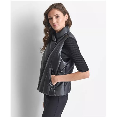 Women's Faux-Leather Zip-Front Puffer Vest