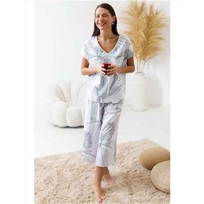 Укороченные широкие брюки кюлоты c принтом на резинке из 100% хлопка