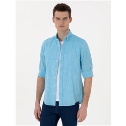 Aqua Keten Görünümlü Slim Fit Uzun Kollu Gömlek