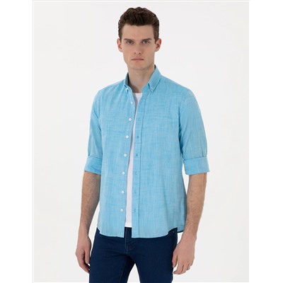 Aqua Keten Görünümlü Slim Fit Uzun Kollu Gömlek