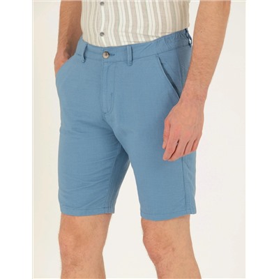 Koyu Mavi Slim Fit Keten Karışımlı Beli Lastikli Bermuda Şort