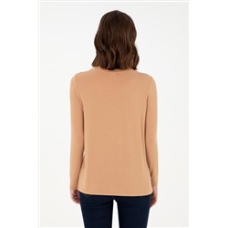 Kadın Camel V Yaka Sweatshirt