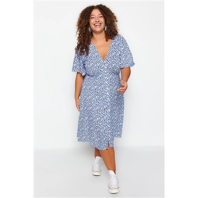 Trendyol Curve Lacivert Çiçekli Dokuma Elbise TBBSS23AH00101