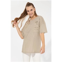 Kadın Haki Bisiklet Yaka Oversize Tişört