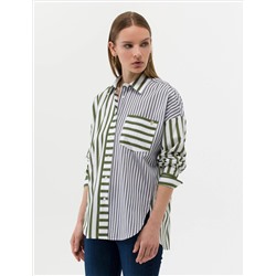 Yeşil Çizgili Oversize Uzun Kollu Gömlek