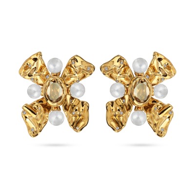 Клипсы Грациоза (кристаллы SW шампань, Майорка белая; покрытие золото), Есть комплект