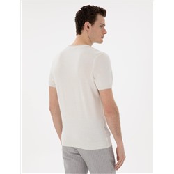 Ekru Slim Fit Bisiklet Yaka Triko Tişört