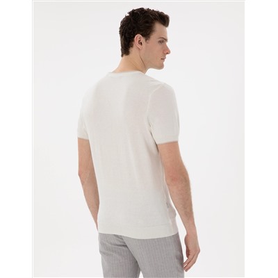 Ekru Slim Fit Bisiklet Yaka Triko Tişört