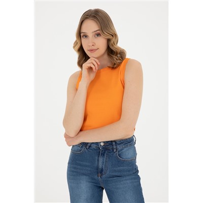 Kadın Turuncu Bisiklet Yaka Crop Basic Tişört