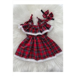 Moda Lina Kız Bebek Dantelli Kırmızı Ekose Salopet Bandana Set kırmızıekoseelbise