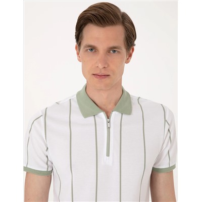 Çağla Yeşili Çizgi Detaylı Slim Fit Polo Yaka Tişört