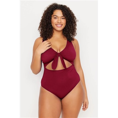 Trendyol Curve Bordo Derin V Yaka Cut-Out Bağlamalı Atma Kaplı Büyük Beden Mayo TBBSS22MA0302