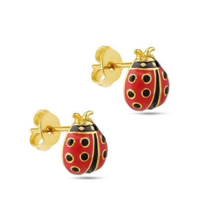 Пусеты Божья коровка (эмаль красная, черная; покрытие золото), Есть комплект