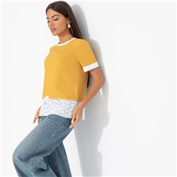 Футболка комбинированная с шитьём, Романтика с перчинкой (горчичная)