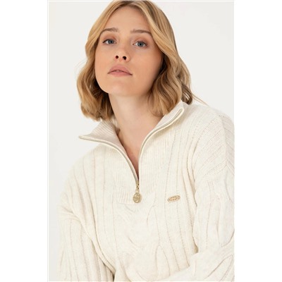 Kadın Krem V - Yaka Kazak