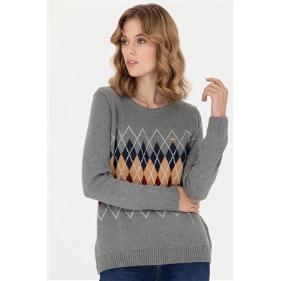 Kadın Gri Melanj Bisiklet Yaka Kazak