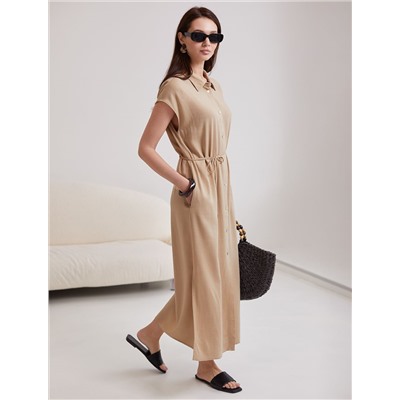 Длинное платье-рубашка с поясом и разрезами изо льна с вискозой