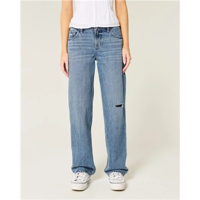 Low-Rise Ripped Medium Wash Loose Jeans