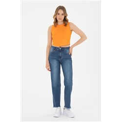 Kadın Turuncu Bisiklet Yaka Crop Basic Tişört