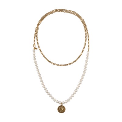 Колье Афродита (жемчуг белый 7-8мм; покрытие античное золото) 140см, Есть комплект