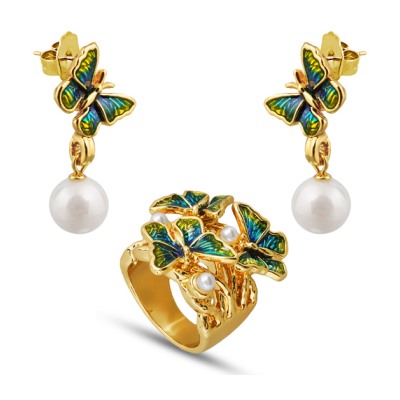 Комплект (жемчуг белый, эмаль зеленая; покрытие золото)