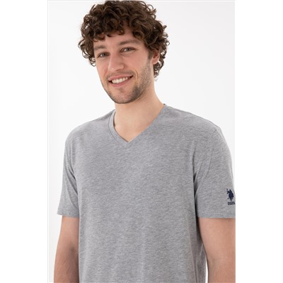 Erkek Regular Fit  V Yaka Gri Melanj Basic Tişört