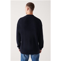 Lacivert Yarım Balıkçı Yaka Cep Detaylı Pamuklu Salaş Triko Kazak