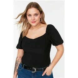 Trendyol Curve Siyah Örme Kalp Yaka Balon Kol Bluz TBBSS22BZ00004