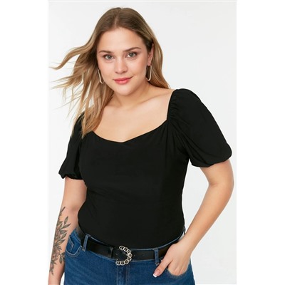 Trendyol Curve Siyah Örme Kalp Yaka Balon Kol Bluz TBBSS22BZ00004
