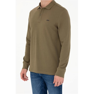 Erkek Haki Polo Yaka Basic Sweatshirt
