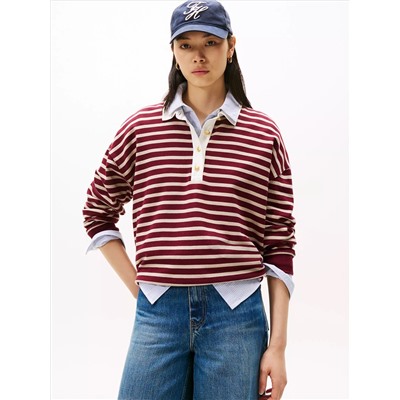 Gold-Button Stripe Polo Sweatshirt